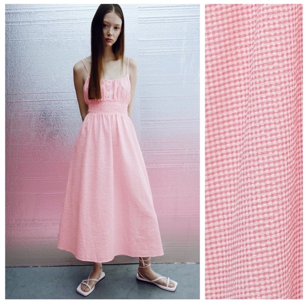 Zara Dress Womens Medium Pink Gingham Smocked Waist Midi Summer Cotton
